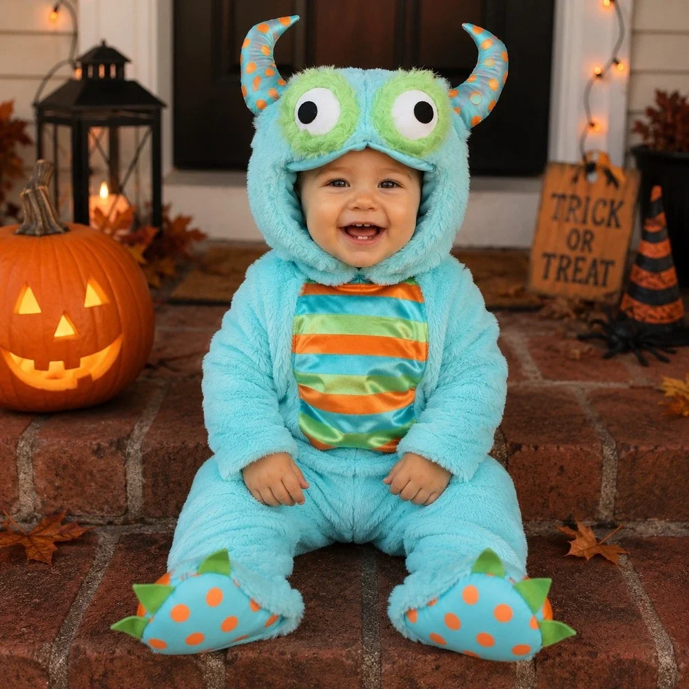 Spirit Halloween Baby Lil Monster Costume Infant 6-12 Months Plush Jumpsuit Teal